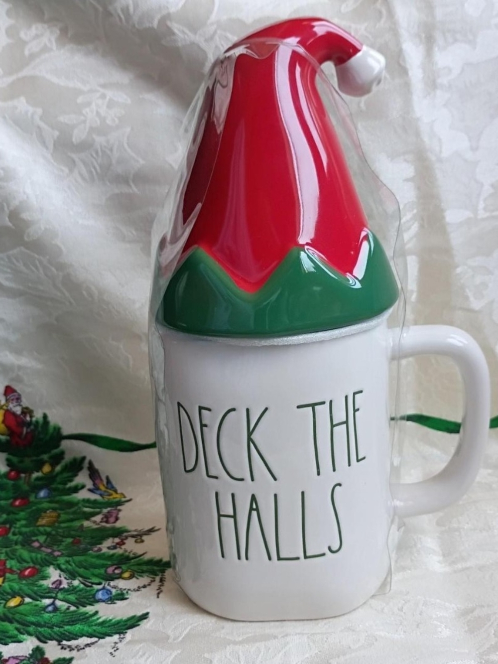 RAE DUNN Deck The Halls White Holiday Mug with Red & Green Hat Lid